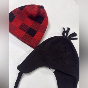 Red & Black Buffalo Plaid Beanie + Black Earflap Winter Hat